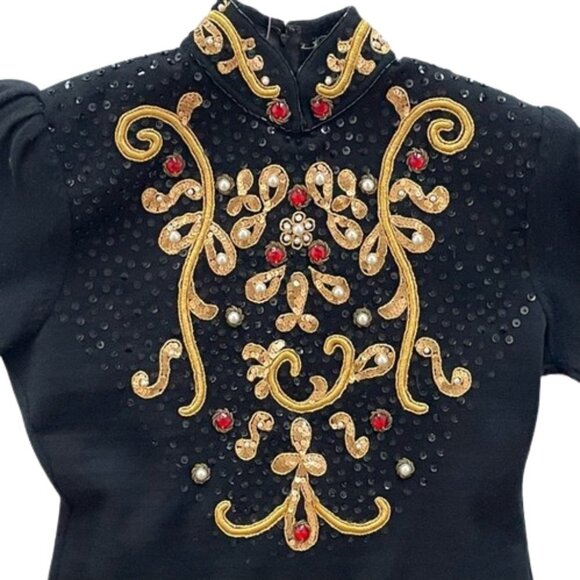 Vintage 80s black wool embellished peplum dress Ciao Ltd stones pearls sequins - Picture 2 of 11